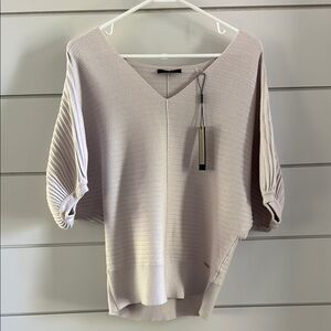 Tahari Cream V-Neck Sweater with Ribbed Sleeves